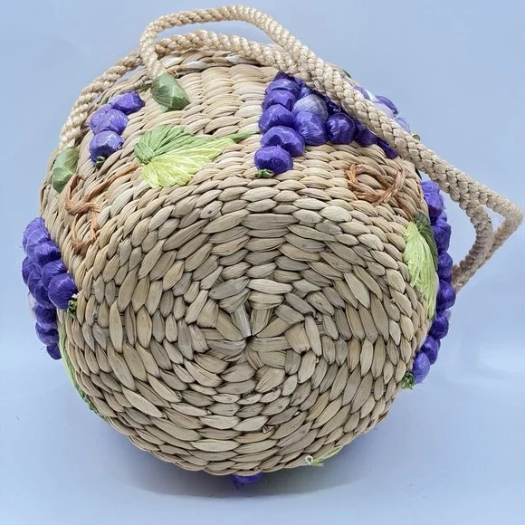 Vintage‎ Wicker Purple Grapes Basket Handbag Made In Philippines - Picture 10 of 12